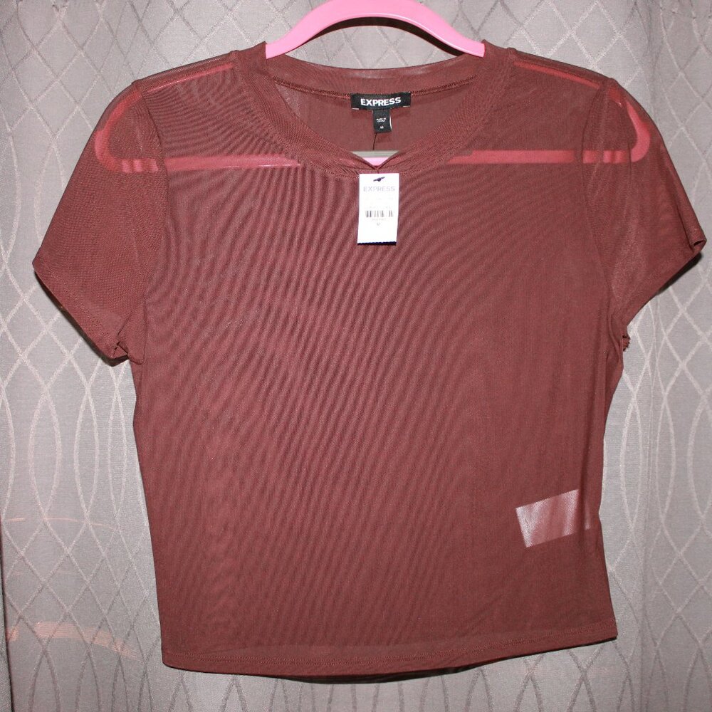 NWT Express Sheer Mesh Crew Neck Short Sleeve Tee Brown Size Medium